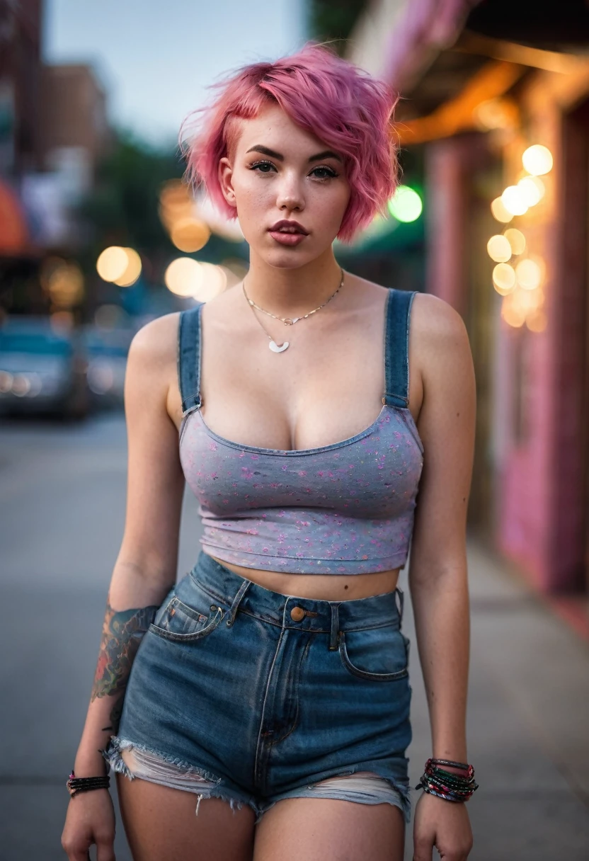 gritty candid raw full-body photo of a young 20-year-old beautiful woman, big lips, full body, high cheekbones, playful, American, busty, short pink hair, realistic skin texture, very tall and athletic, boho-chic, flawed skin, shot with Sony Alpha A6500 1.4f, bokeh, highly detailed, masterpiece