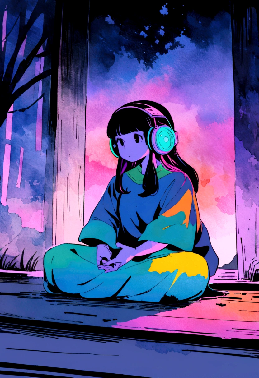 European hippie girl meditating in her room, dream, Wear headphones, night lighting, Neon scenery on a rainy day, Analog Color Theme, Lo-fi Hip Hop , review, flat, 2.5D ,Draw a line, Ink painting, Large slope, Watercolor, Goosh Colors, Studio Ghibli style, Great colorful, Outerton, Krautlock, Lofi Art, 70s style,Old Texture, amplitude,Psychedelic atmosphere, masterpiece, Great technology,Makoto Shinkai style