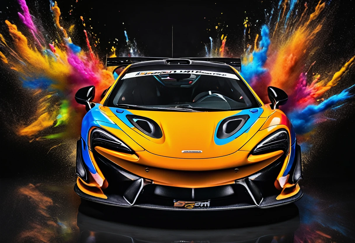 McLAREN 570S GT4, black backdrop, exploding paint, best qualityer, ultra detali, realisitic, portraits, swirly vibrant colors, studio lighting, sharp focus, physically based rendering, proffesional, bokeh