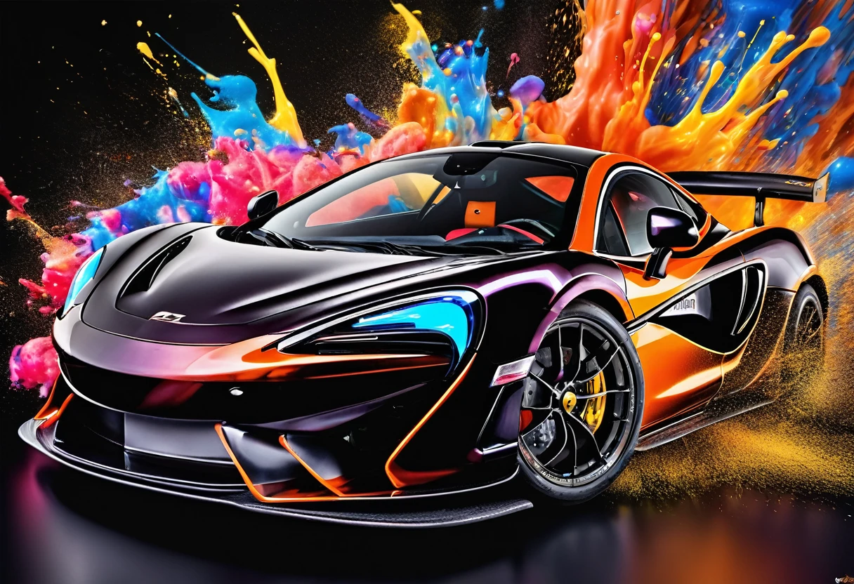 McLAREN 570S GT4, black backdrop, exploding paint, best qualityer, ultra detali, realisitic, portraits, swirly vibrant colors, studio lighting, sharp focus, physically based rendering, proffesional, bokeh