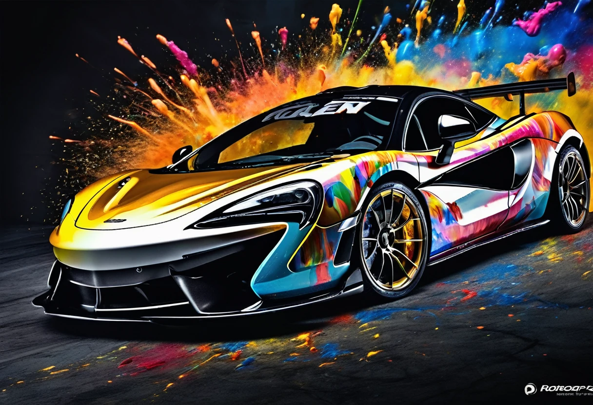 McLAREN 570S GT4, black backdrop, exploding paint, best qualityer, ultra detali, realisitic, portraits, swirly vibrant colors, studio lighting, sharp focus, physically based rendering, proffesional, bokeh