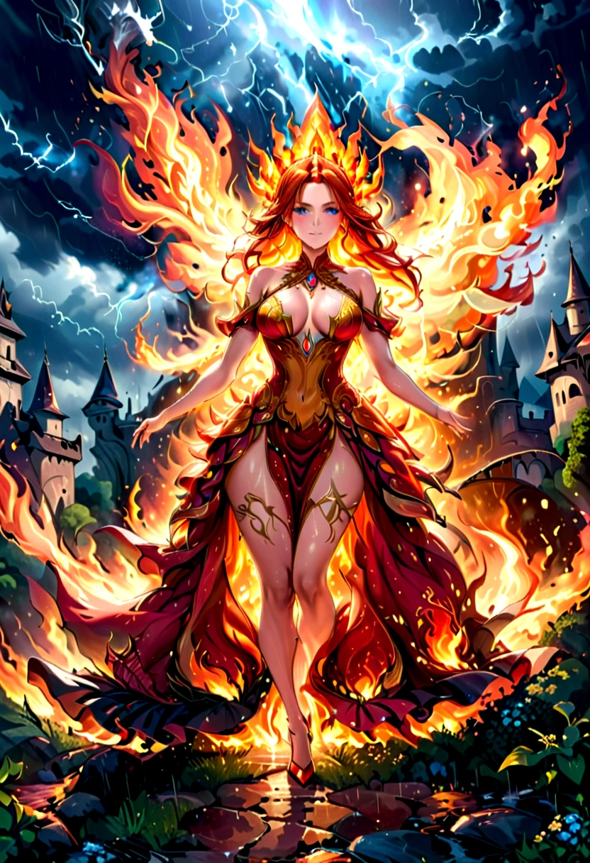 a sorceress of fire making fire dance in a the (storm of rain: 1.3), a most exquisite beautiful sorceress, controlling fire manipulating fire, a woman, dynamic hair color, dynamic hair style, (most beautiful face: 1.3), (ultra detailed face: 1.2), wet hair, wet face, dynamic eyes color, full body shot, wearing dress made of fire, wearing intricate high heels, light make up, dancing in courtyard of a fantasy castle, ((heavy rain drops: 1.1)), clouds in the sky, (anatomically correct: 1.4), (full body shot: 1.1) , vibrant, Ultra-high resolution, High Contrast, (masterpiece:1.5), highest quality, Best aesthetics), best details, best quality, highres, ultra wide angle, 16k, [ultra detailed], masterpiece, best quality, (extremely detailed), firecd_xl, phoenix dress, fireMagicAI