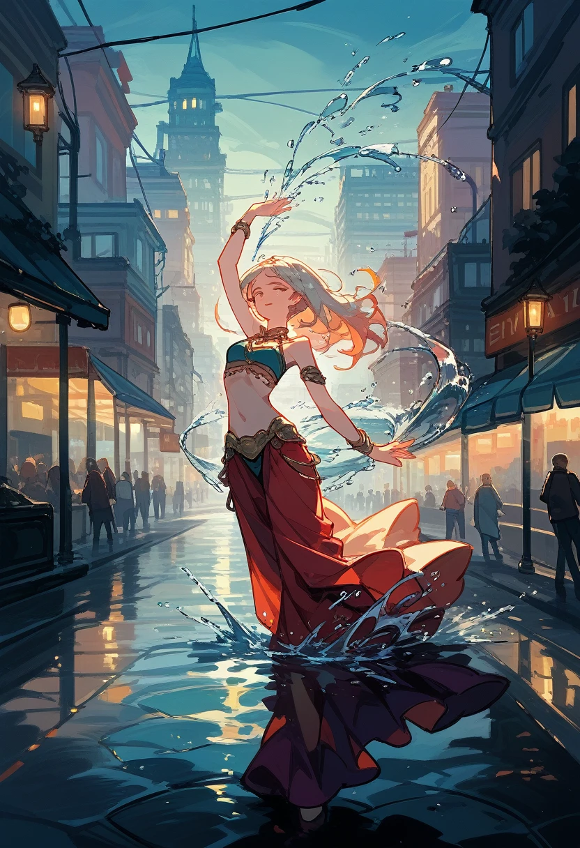 high quality, highly detailed, dancer, graceful, elegant pose, joy, , city streets, reflections, puddles, splashing water, dynamic movement, nighttime, soft streetlights, glistening raindrops, dramatic lighting,