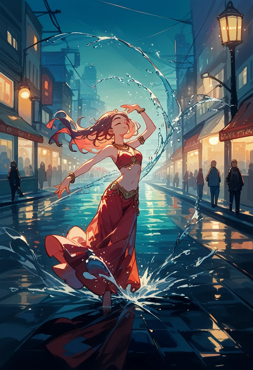 high quality, highly detailed, dancer, graceful, elegant pose, joy, , city streets, reflections, puddles, splashing water, dynamic movement, nighttime, soft streetlights, glistening raindrops, dramatic lighting,