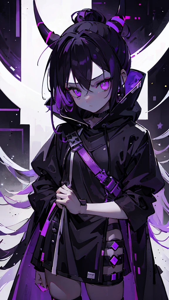 boy. thoughtful look. open forehead. black and purple hair tied in a bun on the left side to one side. winding black horns wrapped in white ribbon. white violet eyes. in short dark purple shorts. long white T-shirt. dark purple knee-high socks. dark purple long cloak inside white with hood, moonlight and stars