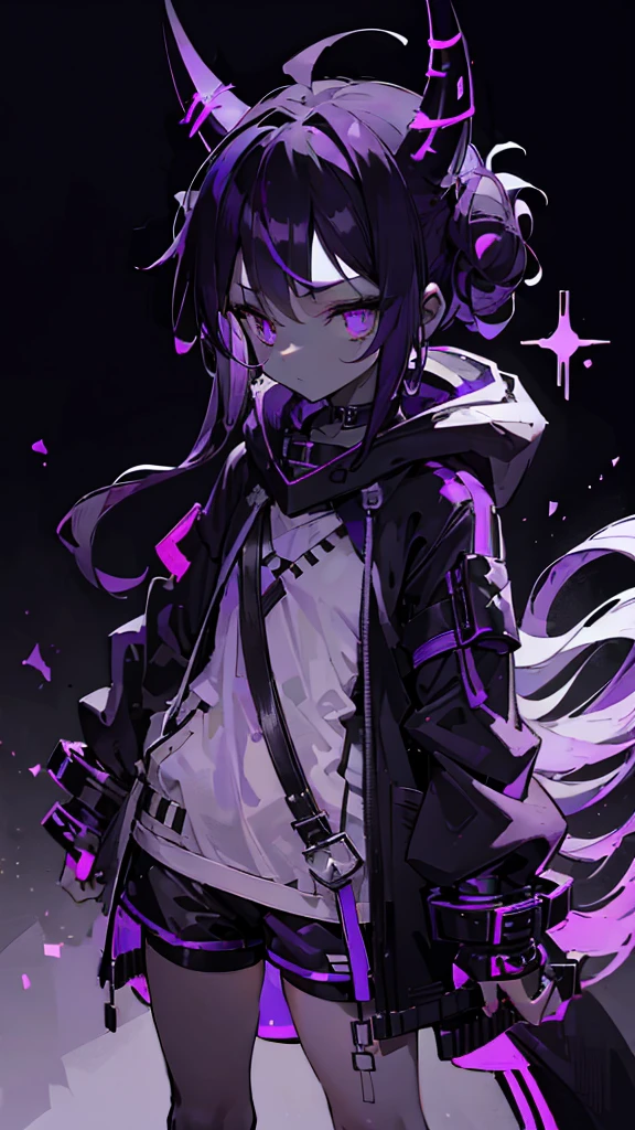 boy. thoughtful look. open forehead. black and purple hair tied in a bun on the left side to one side. winding black horns wrapped in white ribbon. white violet eyes. in short dark purple shorts. long white T-shirt. dark purple knee-high socks. dark purple long cloak inside white with hood, moonlight and stars