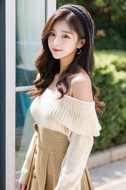 Korean High School Girl、Knit dress、Off the shoulder
