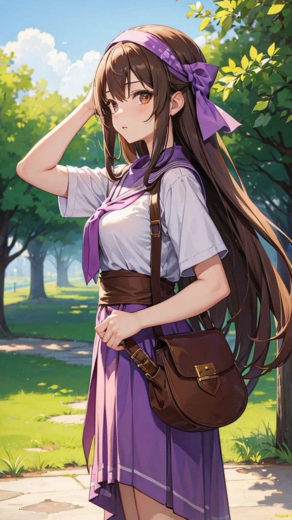 An anime girl in a lavender Clan outfit, with long, loose brown hair and brown eyes and a bandana on her forehead 