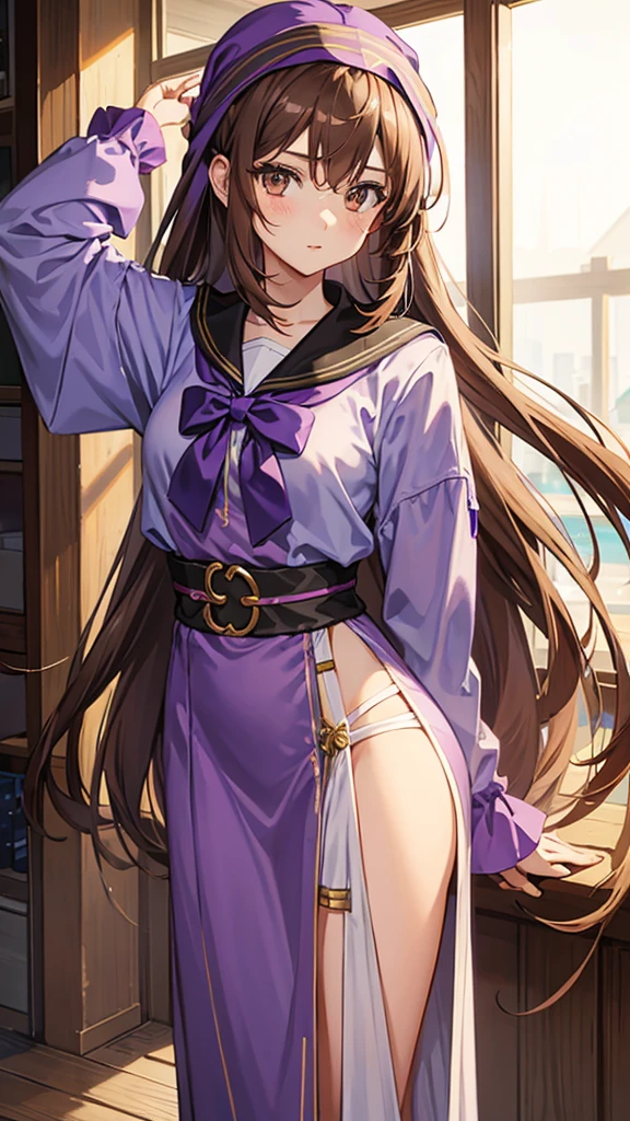 An anime girl in a lavender Clan outfit, with long, loose brown hair and brown eyes and a bandana on her forehead