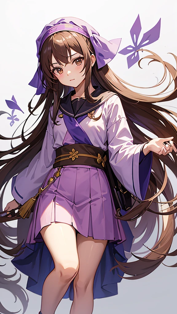 An anime girl in a lavender Clan outfit, with long, loose brown hair and brown eyes and a bandana on her forehead