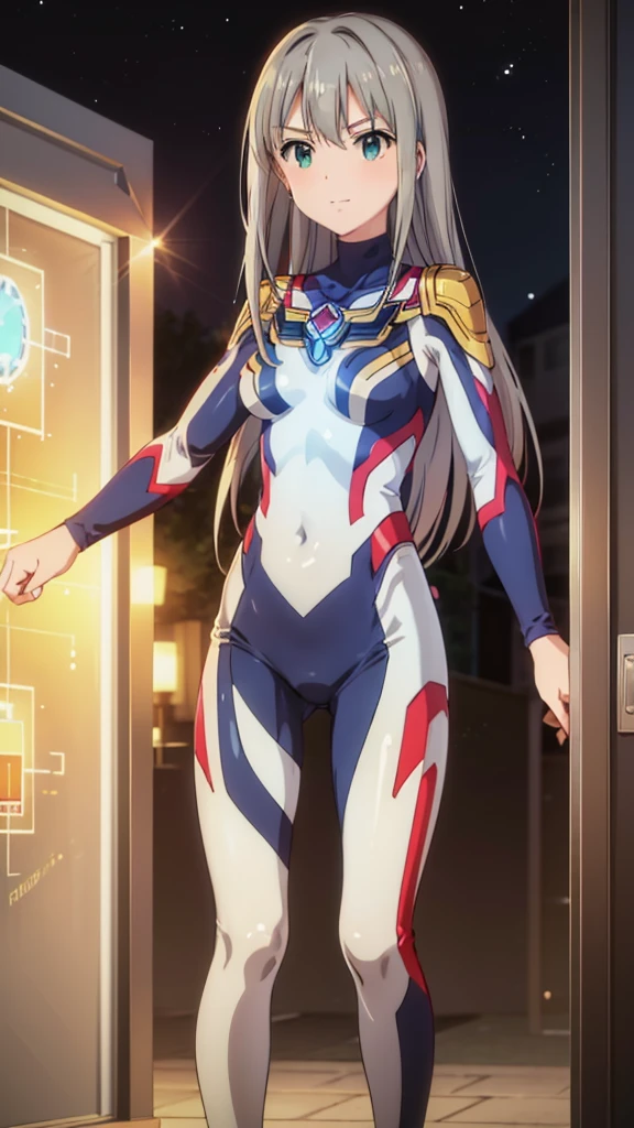 (masterpiece、Highest quality、In 8K、High resolution:1.2)、alone、One girl、 Shibuya Rin、Tight clothes、Cowboy Shot、smile、Hero Suit、Bodysuits、Tight suit、Trained abdominal muscles、Trained biceps、(nffsw :1.0)、 レッドウルトラマンBodysuits、A jewel shining on my chest、(building:1.2)、Night Scene