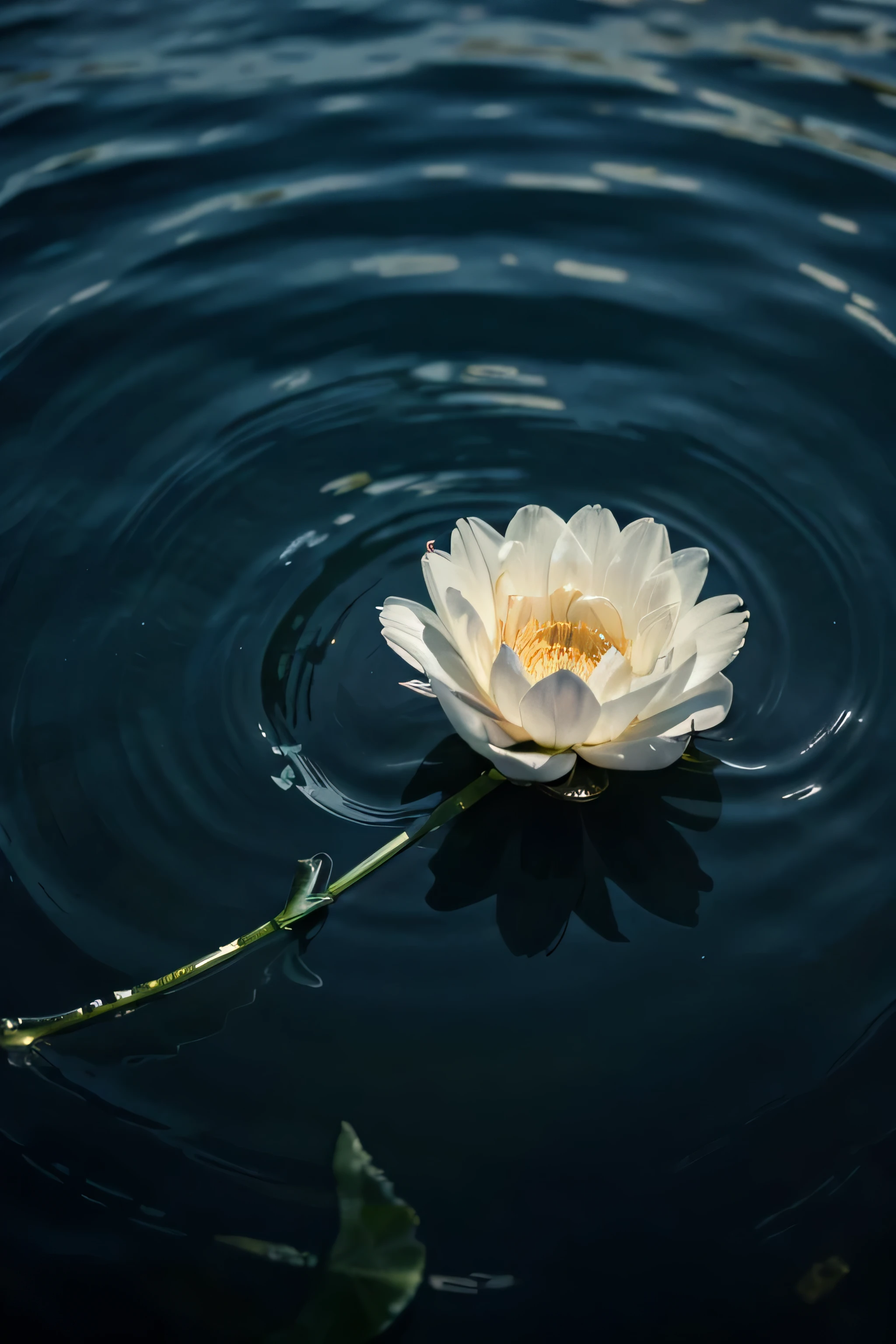 a stunning close-up potrait photograph of a delicate white flower floating on the water surface.