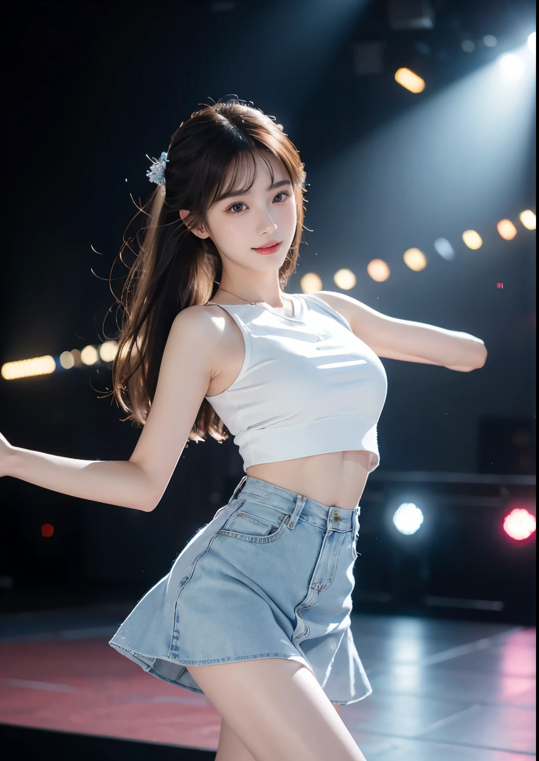 (8K、Raw photography、Photorealsitic:1.25)、1、(16 year old woman with beautiful perfect face、Expressing the joy of dancing with color)、Pose with legs raised high、Line Dance、lipgloss、long eyelashes beautiful look、shiny bare skin、top-quality、超A high resolution、Stage costumes with many jewels shining、Bask in the lights on the stage、a miniskirt、Photograph the whole body、Reduce depth of field