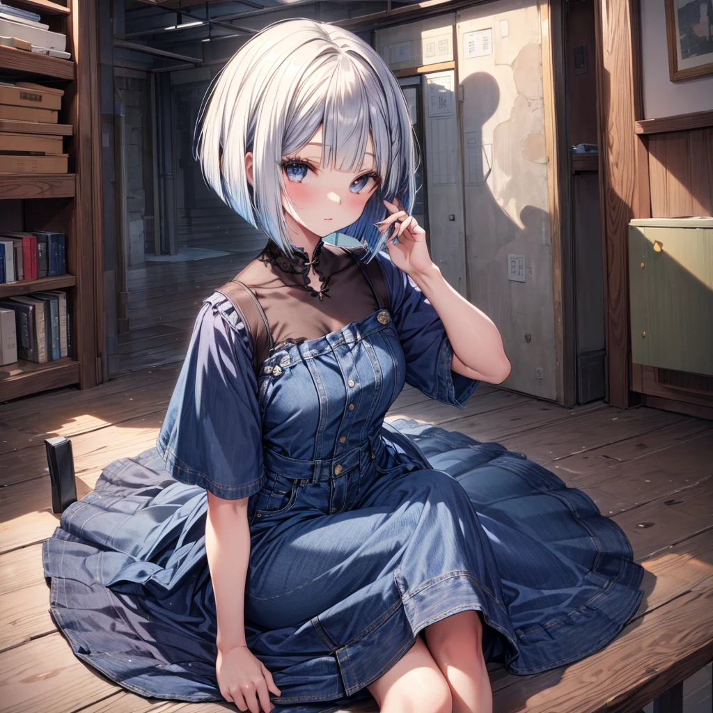 ((Highest quality)), ((masterpiece)), (detailed), 1girl, 独奏, bob cut, denim dress