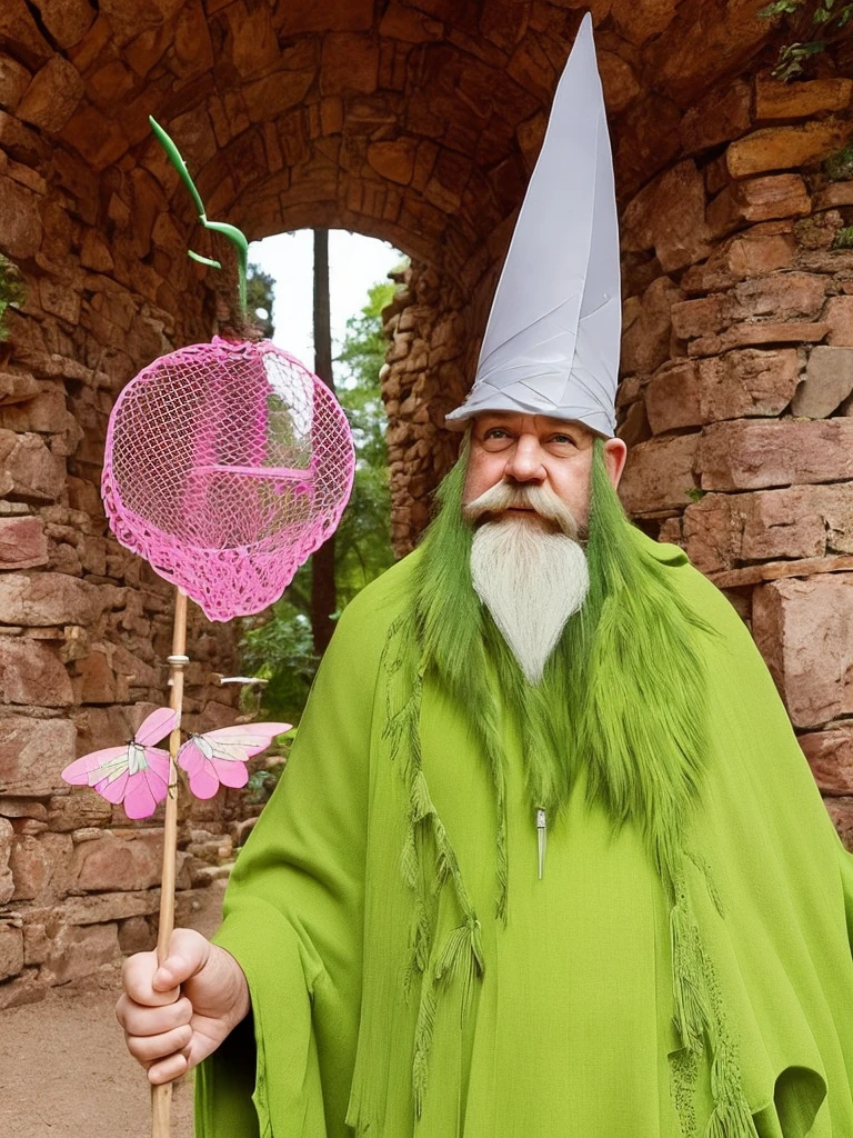 a little dwarf dressed in green, with a long white beard and stubble. a white pointed hat, he holds a pink butterfly catcher in his hand and uses it as a weapon. and is walking through the forest