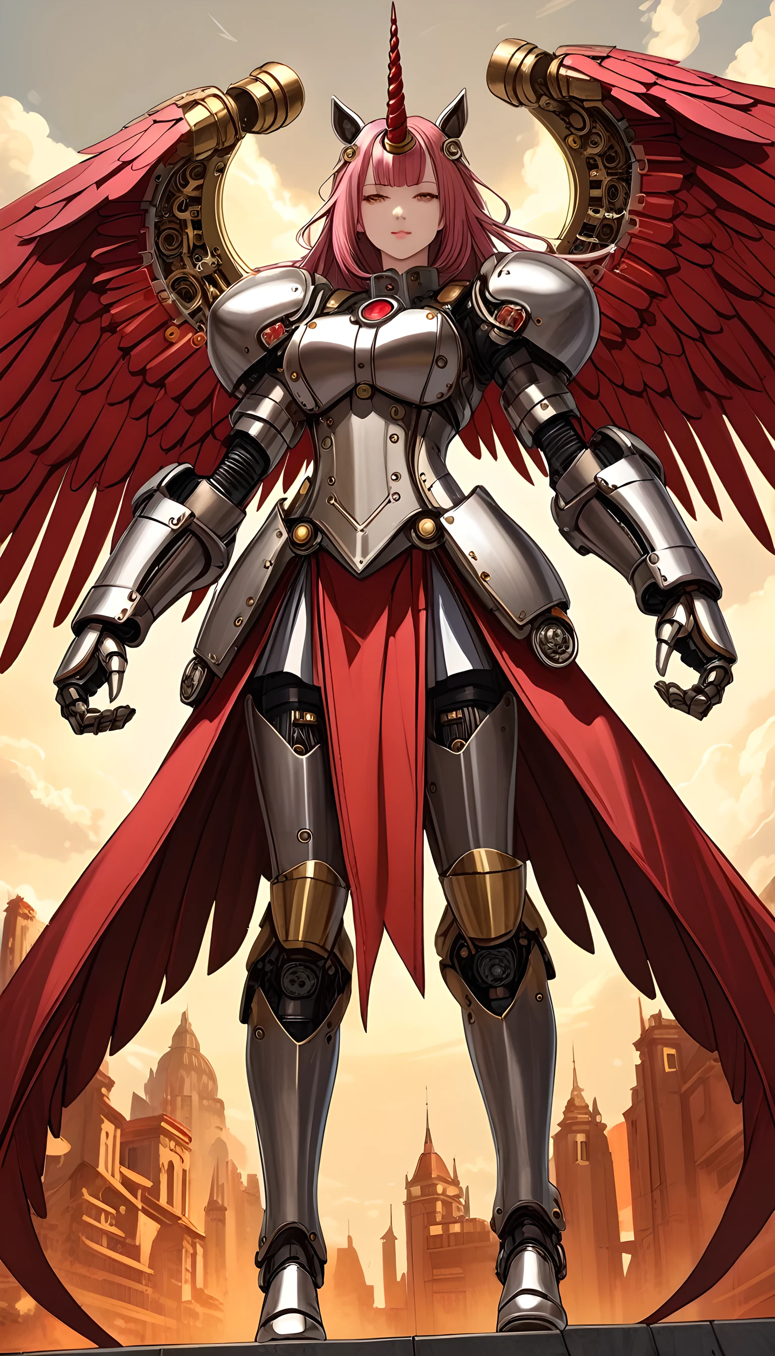 unicorn horn,metal spiral sharp corners,in style of Santiago Caruso,
huge mechanical angel wings,mechanical_halo,1 girl,mechanical wrist,mechanical skirt with pleated skirt,(huge makeover mechanical fists:1.5),
the fist flashed red,(bold,smooth,elegant,curvaceoous,precise:1.2)