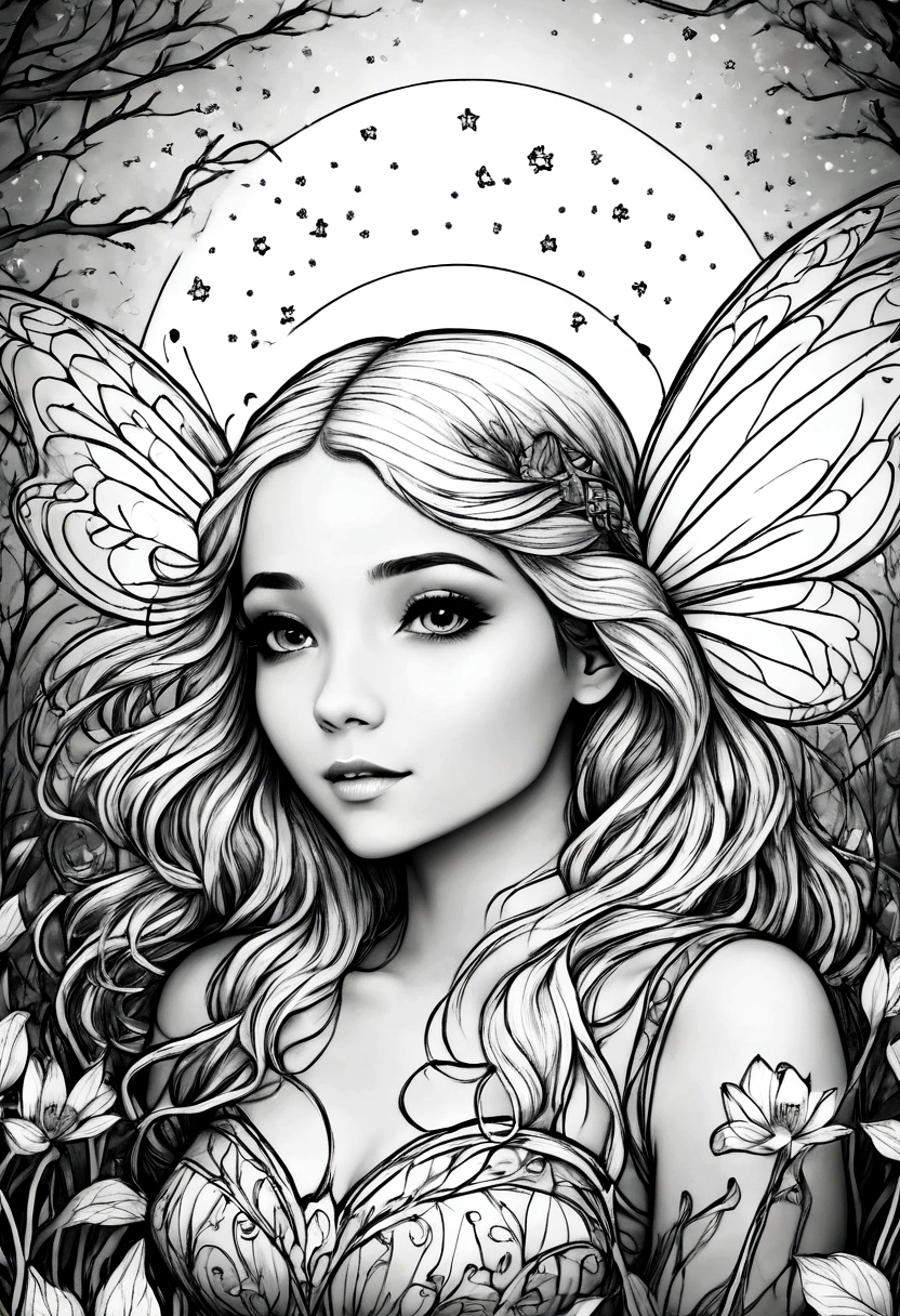 (A black and white coloring book:1.5), A magical fairy surrounded by glowing fireflies in a moonlit forest, clean line art, white background, colouring page, clean outline