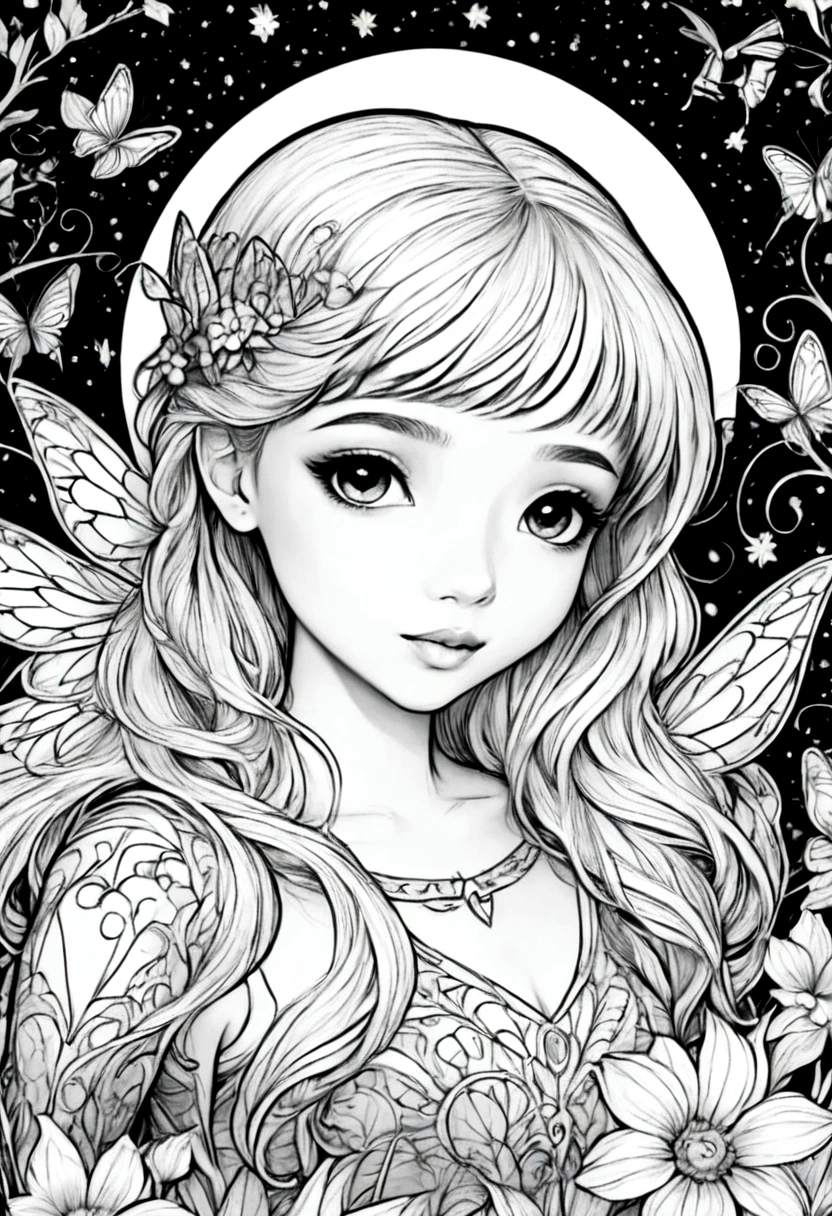 (A black and white coloring book:1.5), A magical fairy surrounded by glowing fireflies in a moonlit forest, clean line art, white background, colouring page, clean outline