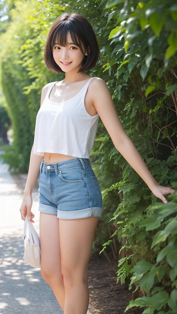 A girl with short white shorts, standing in a relaxed pose. She has a cheerful expression, short hair, and is dressed in a casual summer outfit. She has thick thighs and slender legs. The background is a sunny outdoor setting with a clear blue sky and some greenery. The bright sunlight shines on her, creating clear shadows and highlights. The environment includes trees and grass, indicating a lot of greenery.ガニ股、しゃがむ、膝をこちらに向ける
