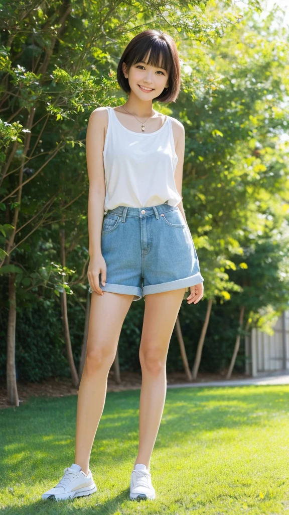 A  girl with short white shorts, standing in a relaxed pose. She has a cheerful expression, short hair, and is dressed in a casual summer outfit. She has thick thighs and slender legs. The background is a sunny outdoor setting with a clear blue sky and some greenery. The bright sunlight shines on her, creating clear shadows and highlights. The environment includes trees and grass, indicating a lot of greenery.ガニ股、しゃがむ、膝をこちらに向ける