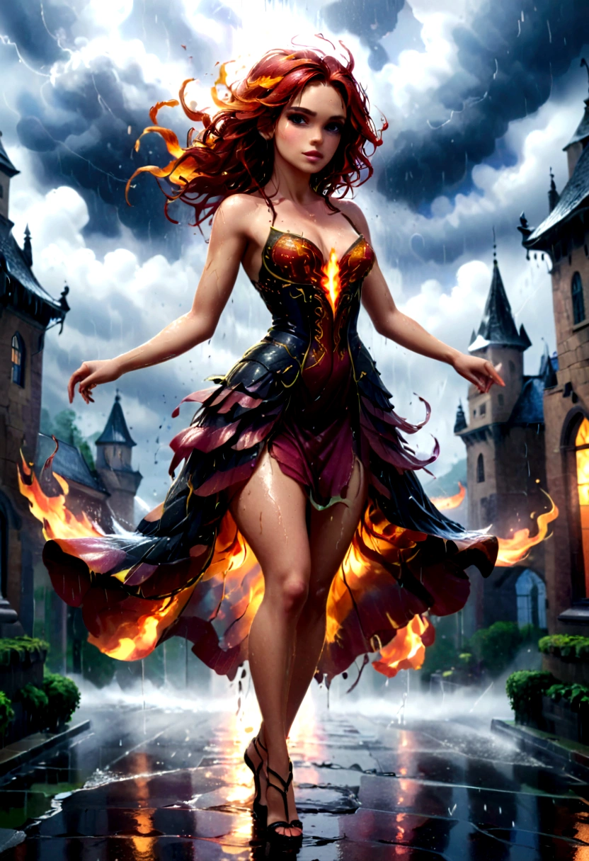 a sorceress of fire making fire dance in a the (storm of rain: 1.3), a most exquisite beautiful sorceress, controlling fire manipulating fire, a woman, dynamic hair color, dynamic hair style, (most beautiful face: 1.3), (ultra detailed face: 1.2), wet hair, wet face, dynamic eyes color, full body shot, wearing dress made of fire, wearing intricate high heels, light make up, dancing in courtyard of a fantasy castle, ((heavy rain drops: 1.1)), clouds in the sky, (anatomically correct: 1.4), (full body shot: 1.1) , vibrant, Ultra-high resolution, High Contrast, (masterpiece:1.5), highest quality, Best aesthetics), best details, best quality, highres, ultra wide angle, 16k, [ultra detailed], masterpiece, best quality, (extremely detailed), firecd_xl, phoenix dress, fireMagicAI