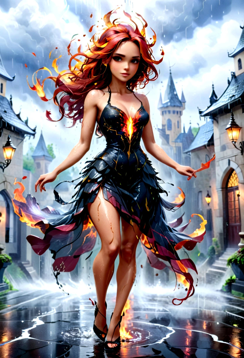 a sorceress of fire making fire dance in a the (storm of rain: 1.3), a most exquisite beautiful sorceress, controlling fire manipulating fire, a woman, dynamic hair color, dynamic hair style, (most beautiful face: 1.3), (ultra detailed face: 1.2), wet hair, wet face, dynamic eyes color, full body shot, wearing dress made of fire, wearing intricate high heels, light make up, dancing in courtyard of a fantasy castle, ((heavy rain drops: 1.1)), clouds in the sky, (anatomically correct: 1.4), (full body shot: 1.1) , vibrant, Ultra-high resolution, High Contrast, (masterpiece:1.5), highest quality, Best aesthetics), best details, best quality, highres, ultra wide angle, 16k, [ultra detailed], masterpiece, best quality, (extremely detailed), firecd_xl, phoenix dress, fireMagicAI