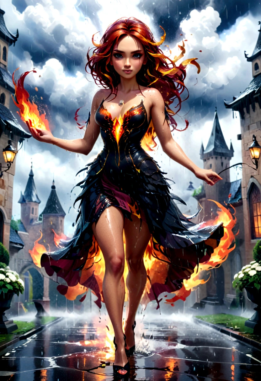 a sorceress of fire making fire dance in a the (storm of rain: 1.3), a most exquisite beautiful sorceress, controlling fire manipulating fire, a woman, dynamic hair color, dynamic hair style, (most beautiful face: 1.3), (ultra detailed face: 1.2), wet hair, wet face, dynamic eyes color, full body shot, wearing dress made of fire, wearing intricate high heels, light make up, dancing in courtyard of a fantasy castle, ((heavy rain drops: 1.1)), clouds in the sky, (anatomically correct: 1.4), (full body shot: 1.1) , vibrant, Ultra-high resolution, High Contrast, (masterpiece:1.5), highest quality, Best aesthetics), best details, best quality, highres, ultra wide angle, 16k, [ultra detailed], masterpiece, best quality, (extremely detailed), firecd_xl, phoenix dress, fireMagicAI
