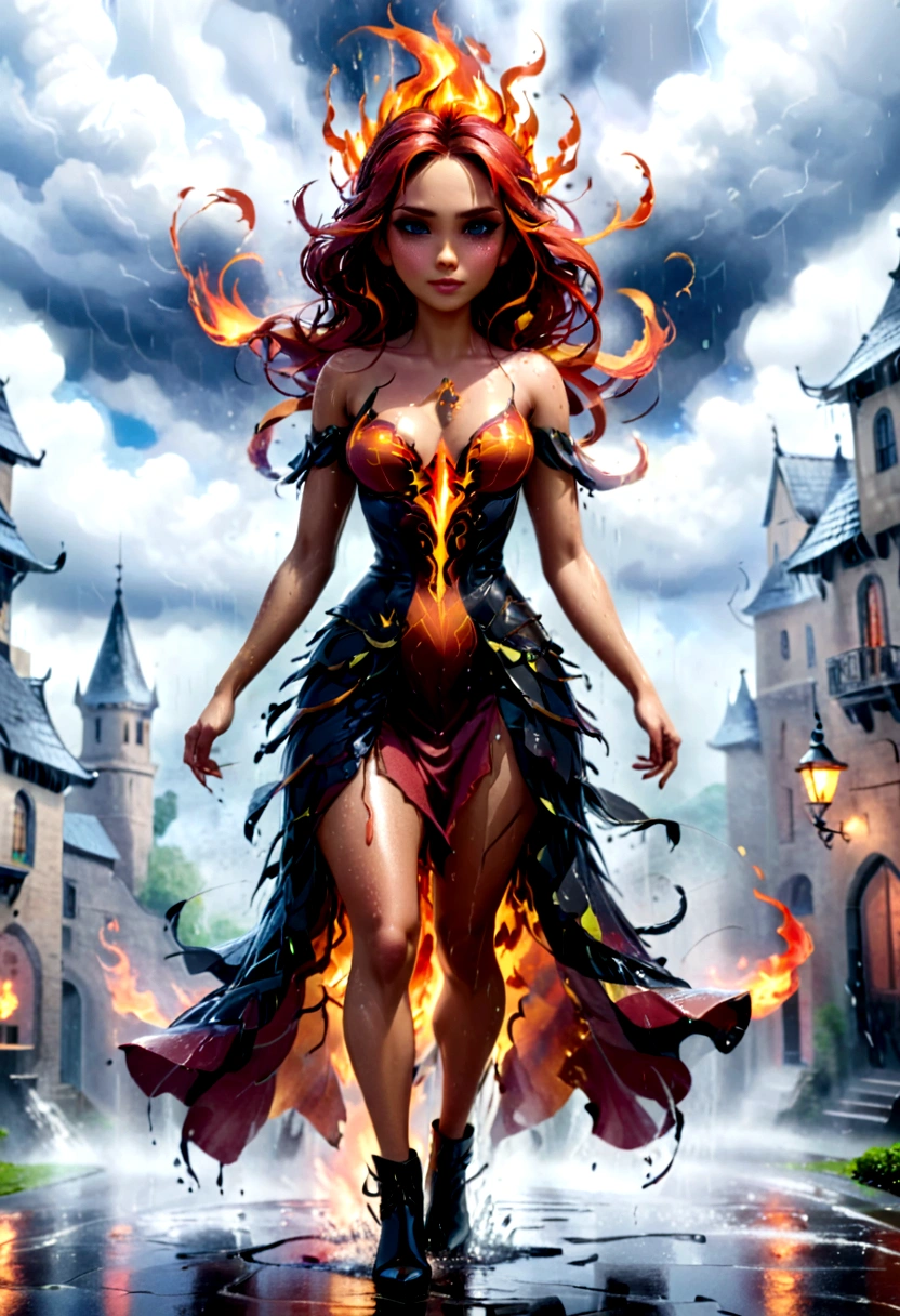a sorceress of fire making fire dance in a the (storm of rain: 1.3), a most exquisite beautiful sorceress, controlling fire manipulating fire, a woman, dynamic hair color, dynamic hair style, (most beautiful face: 1.3), (ultra detailed face: 1.2), wet hair, wet face, dynamic eyes color, full body shot, wearing dress made of fire, wearing intricate high heels, light make up, dancing in courtyard of a fantasy castle, ((heavy rain drops: 1.1)), clouds in the sky, (anatomically correct: 1.4), (full body shot: 1.1) , vibrant, Ultra-high resolution, High Contrast, (masterpiece:1.5), highest quality, Best aesthetics), best details, best quality, highres, ultra wide angle, 16k, [ultra detailed], masterpiece, best quality, (extremely detailed), firecd_xl, phoenix dress, fireMagicAI