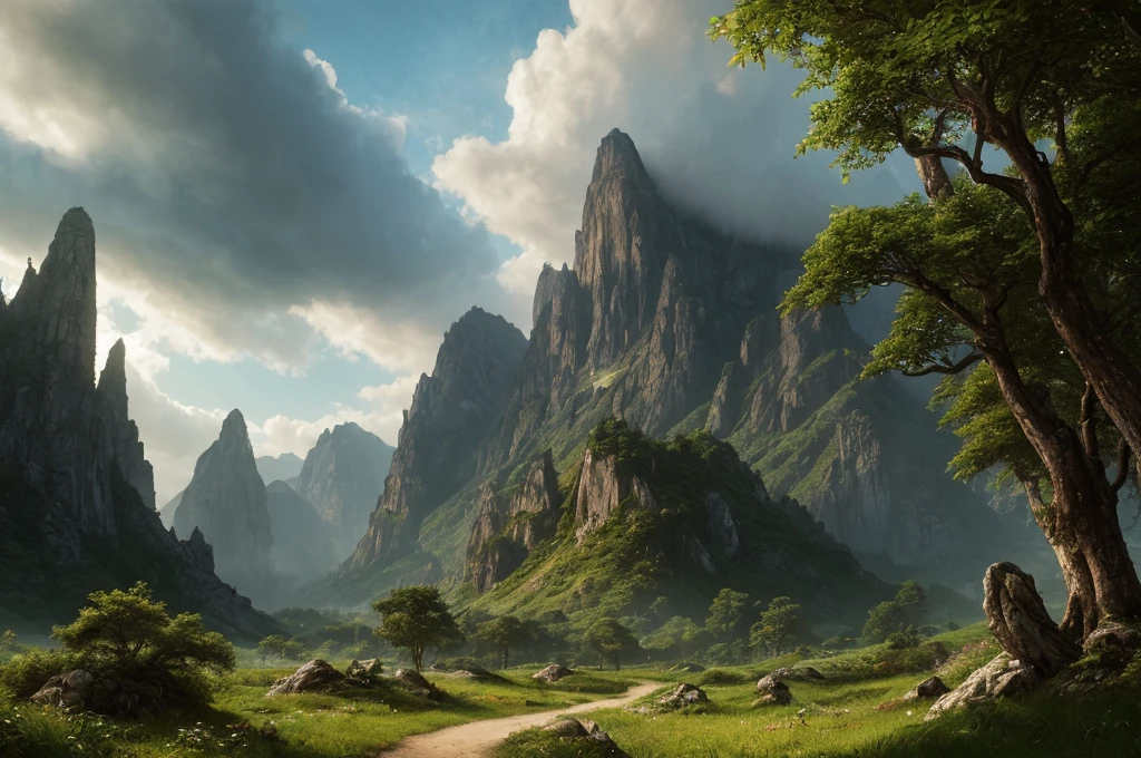 A detailed fantasy landscape, enchanted forests, majestic mountains, inspiré de Tolkien, à la manière de John Howe, digital painting, hyperrealistic, 8k, highly detailed, volumetric lighting, dramatic lighting, vibrant colors, lush vegetation, towering peaks, mystical atmosphere, cinematic composition, epic scale, intricate details, fantastical elements, photorealistic, masterpiece