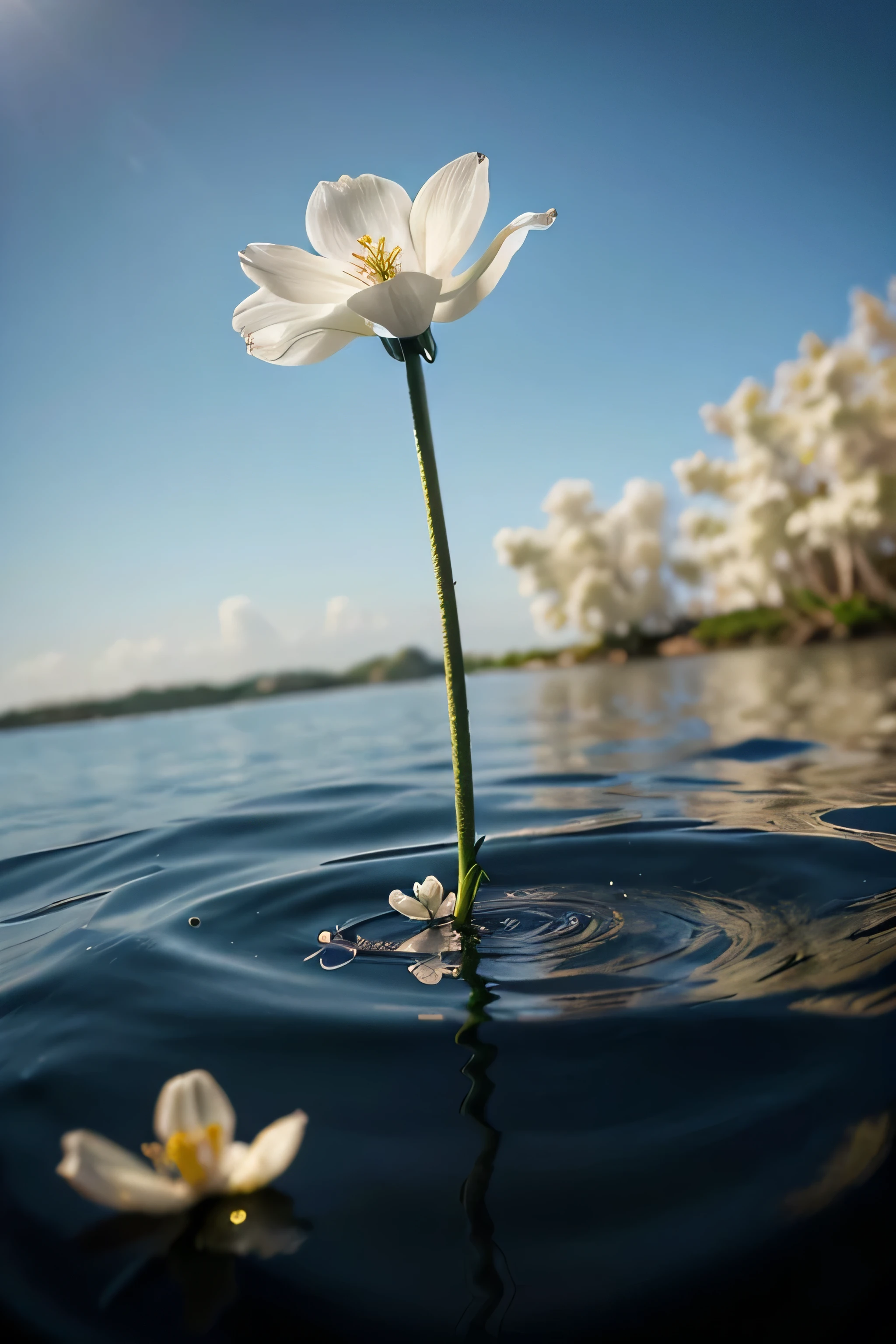 a stunning close-up potrait photograph of a delicate white flower floating on the water surface.