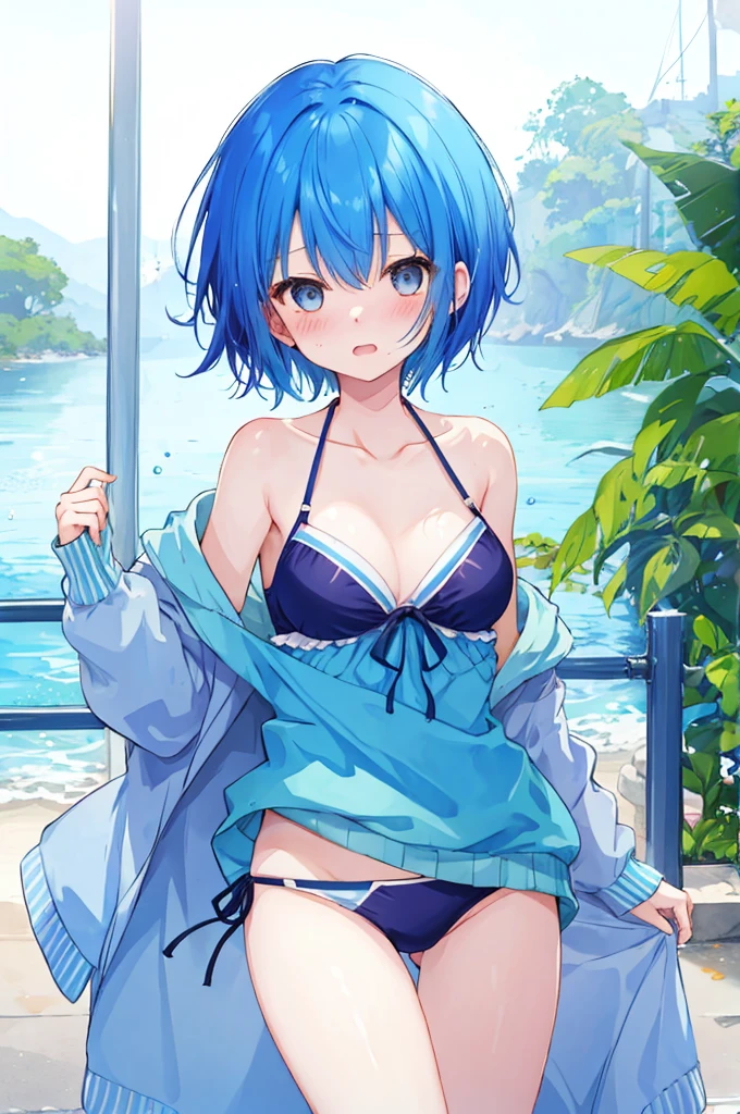 Girl、Blue hair short、bikini、Embarrassed