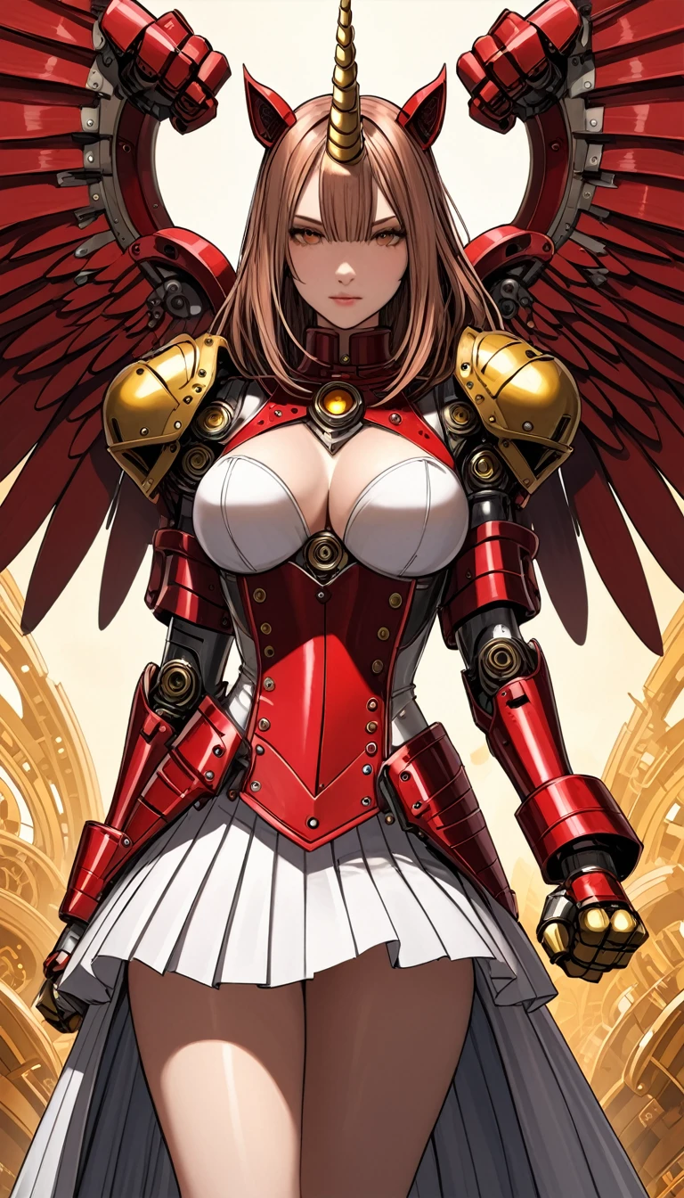 unicorn horn，metal spiral sharp corners,in style of Santiago Caruso,
huge mechanical angel wings,mechanical_halo,1 girl,mechanical wrist,mechanical skirt with pleated skirt,(huge makeover mechanical fists:1.5),
the fist flashed red,(bold,smooth,elegant,curvaceoous,precise:1.2)