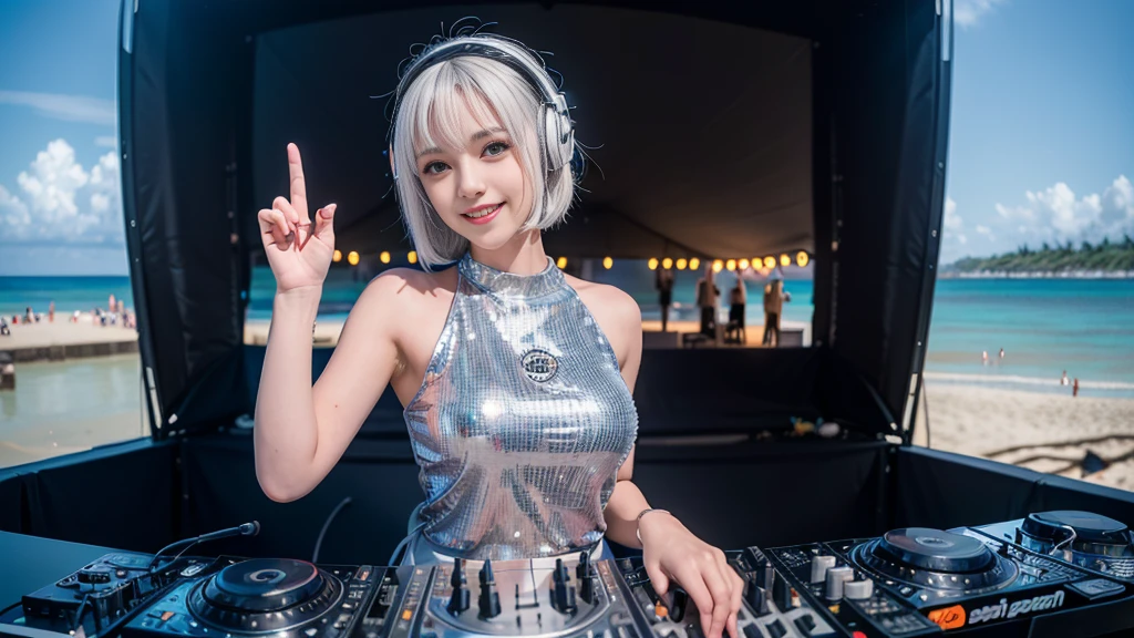 (ultra - detailed, 16K resolution, Cinema lenses, rendering by octane), (high resolution:1.18), intricate detail, (masterpiece:1.1), (highest quality:1.1), (1girl, portrait, white hair, blue eyes, short hair, detailed eyes),Wearing silver DJ headphones, Shiny silver sequined T-shirt, (in the beach:1.5), (Iconic hip-hop pop costumes:1.3), Smile while DJing on stage, DJ studio next to the beach, ((A stylish DJ stage on a hill overlooking the beach)), full body shot, Photorealistic photography by Sunshine, (cute round face:1.3), perfect fingers, five fingers, beautiful hands, perfect hands. master peace, cute smile.