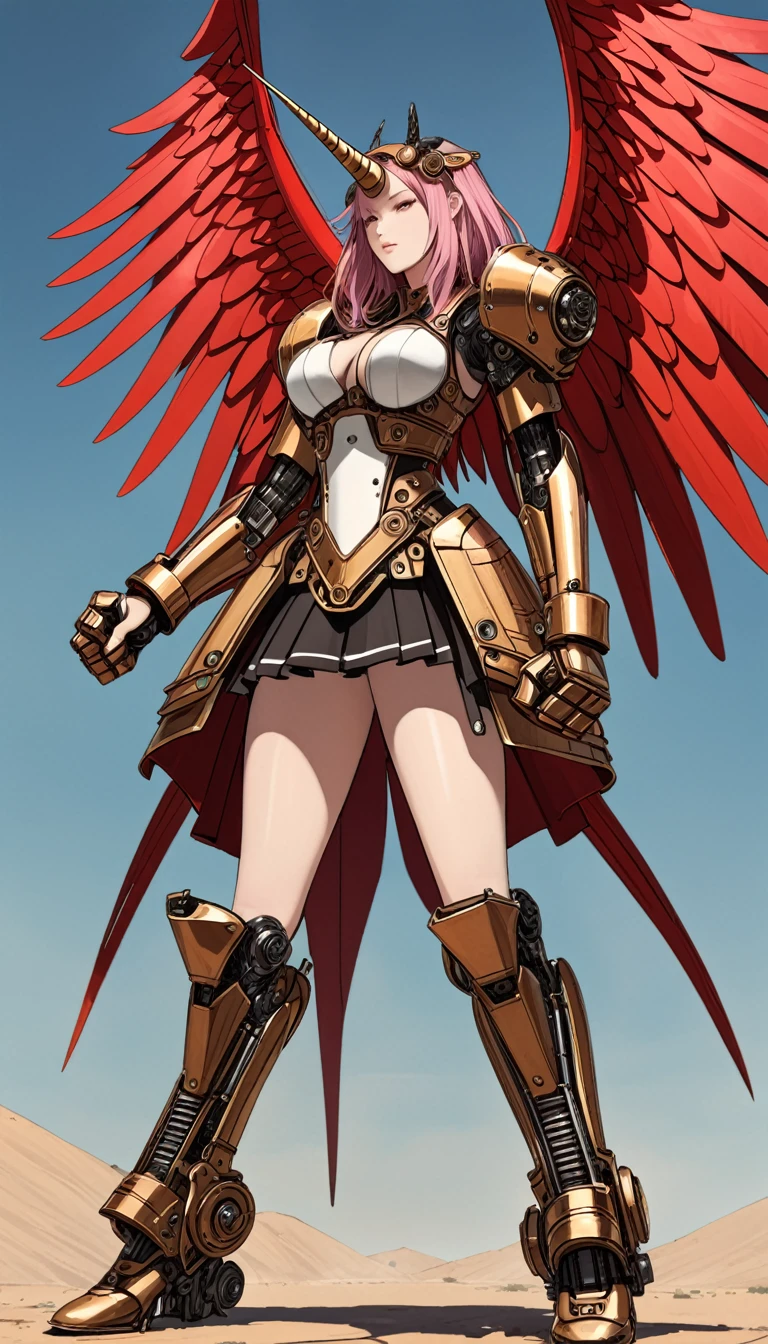 unicorn horn,metal spiral sharp corners,in style of Santiago Caruso,
huge mechanical angel wings,mechanical_halo,1 girl,mechanical wrist,mechanical skirt with pleated skirt,(huge makeover mechanical fists:1.5),
the fist flashed red,(bold,smooth,elegant,curvaceoous,precise:1.2)