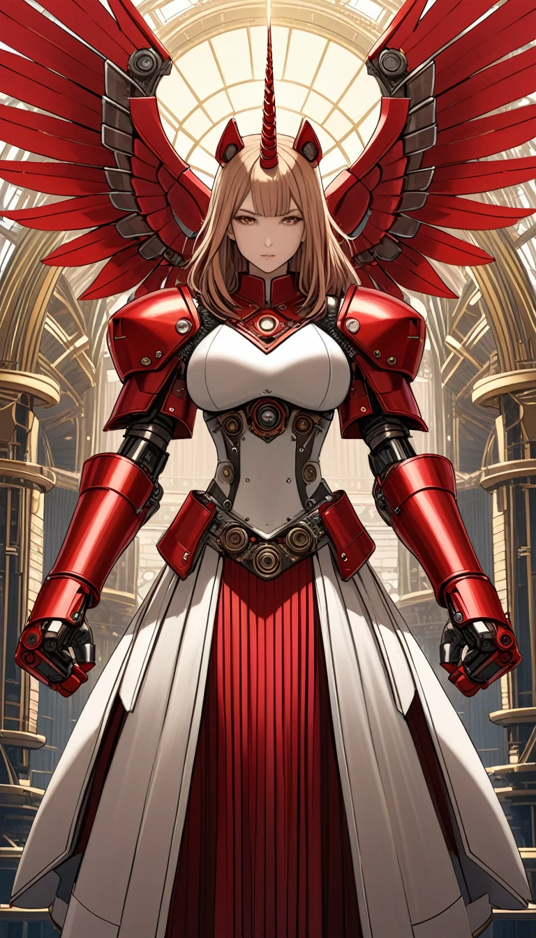 unicorn horn,metal spiral sharp corners,in style of Santiago Caruso,
huge mechanical angel wings,mechanical_halo,1 girl,mechanical wrist,mechanical skirt with pleated skirt,(huge makeover mechanical fists:1.5),
the fist flashed red,(bold,smooth,elegant,curvaceoous,precise:1.2)