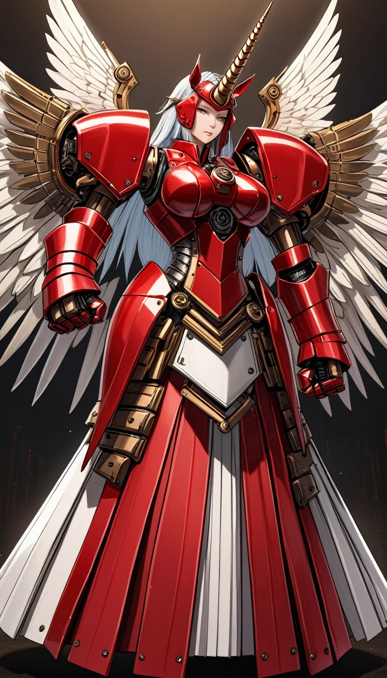 unicorn horn,metal spiral sharp corners,in style of Santiago Caruso,
huge mechanical angel wings,mechanical_halo,1 girl,mechanical wrist,mechanical skirt with pleated skirt,(huge makeover mechanical fists:1.5),
the fist flashed red,(bold,smooth,elegant,curvaceoous,precise:1.2)