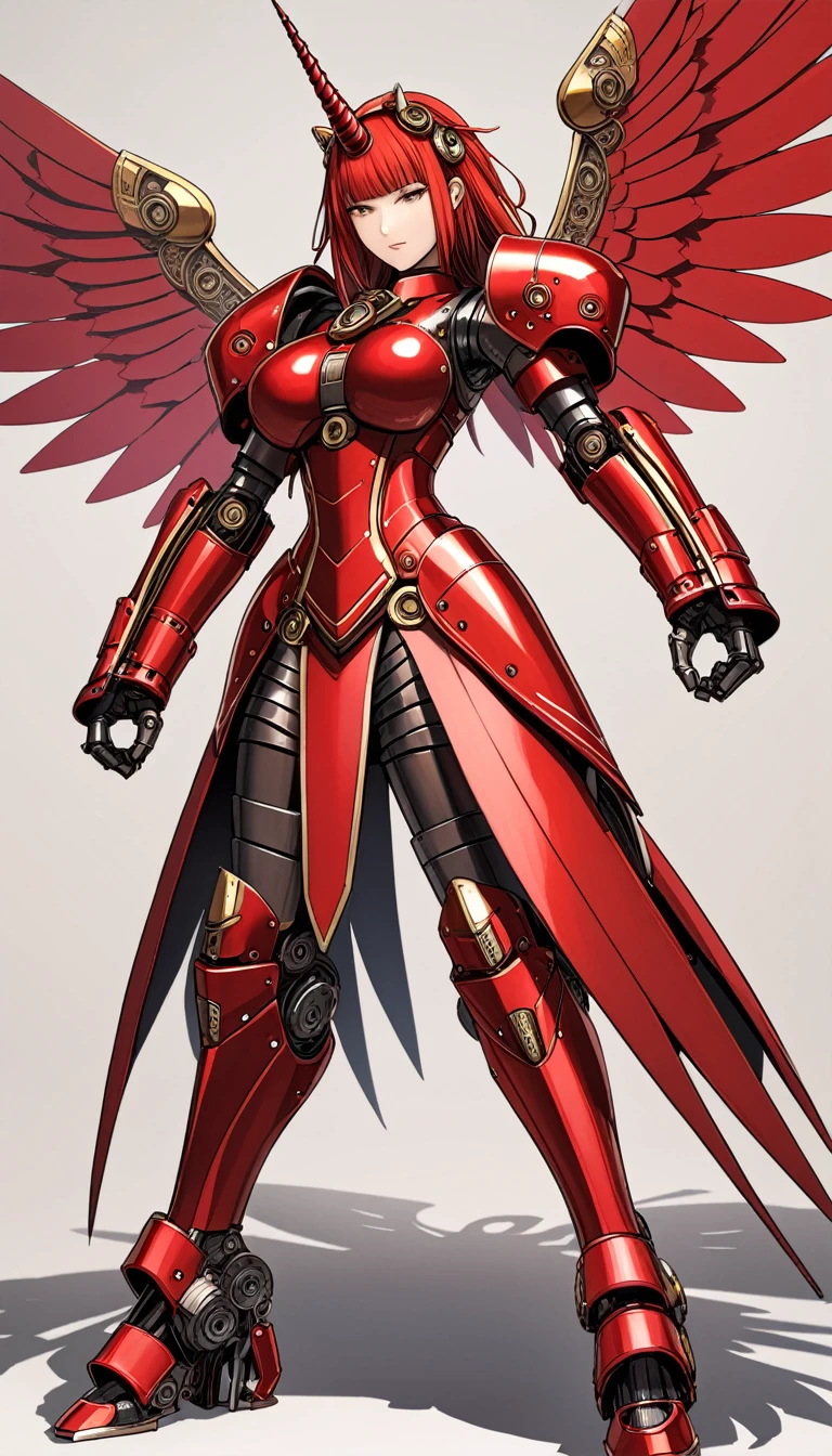 unicorn horn,metal spiral sharp corners,in style of Santiago Caruso,
huge mechanical angel wings,mechanical_halo,1 girl,mechanical wrist,mechanical skirt with pleated skirt,(huge makeover mechanical fists:1.5),
the fist flashed red,(bold,smooth,elegant,curvaceoous,precise:1.2)