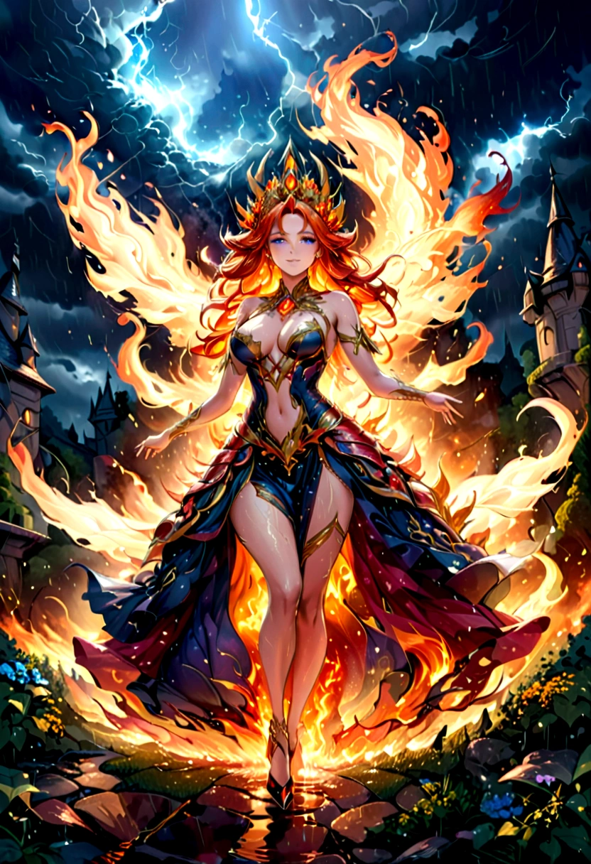 a sorceress of fire making fire dance in a the (storm of rain: 1.3), a most exquisite beautiful sorceress, controlling fire manipulating fire, a woman, dynamic hair color, dynamic hair style, (most beautiful face: 1.3), (ultra detailed face: 1.2), wet hair, wet face, dynamic eyes color, full body shot, wearing dress made of fire, wearing intricate high heels, light make up, dancing in courtyard of a fantasy castle, ((heavy rain drops: 1.1)), clouds in the sky, (anatomically correct: 1.4), (full body shot: 1.1) , vibrant, Ultra-high resolution, High Contrast, (masterpiece:1.5), highest quality, Best aesthetics), best details, best quality, highres, ultra wide angle, 16k, [ultra detailed], masterpiece, best quality, (extremely detailed), firecd_xl, phoenix dress, fireMagicAI