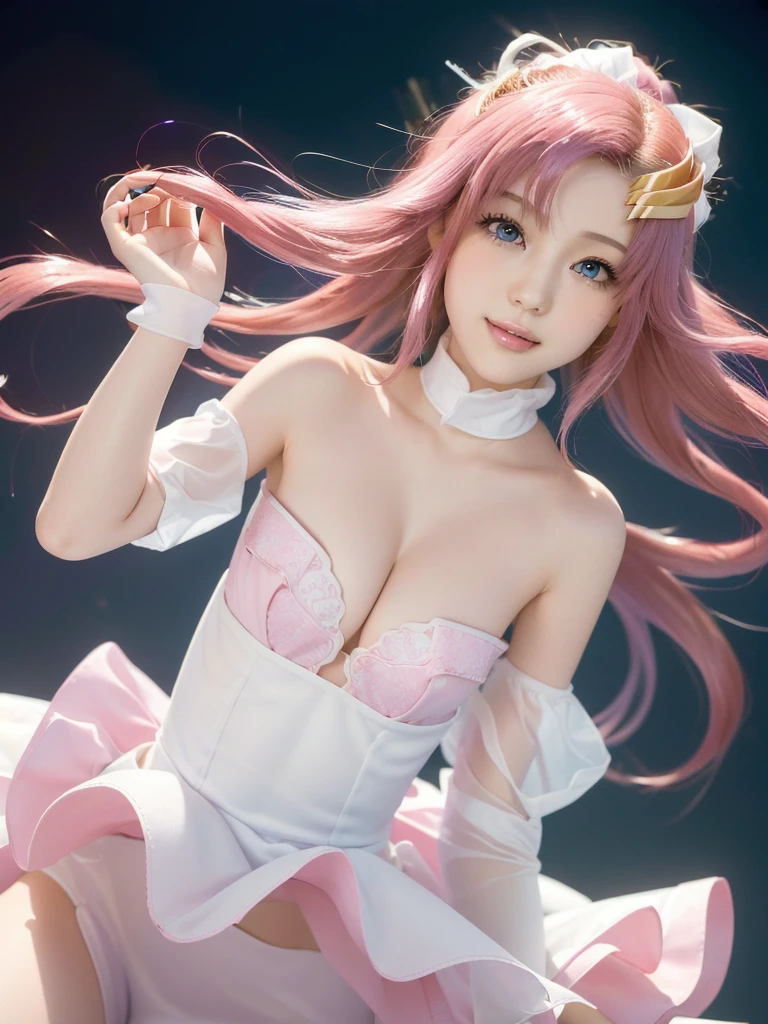 (Highest quality、4K、8K, masterpiece:1.3), Ultra detailed face, Detailed lips, Detailed eyes, double eyelid,
BREAK,
smile,
BREAK,1girl, 20 years old, (Generous Breasts:1.3), (Plump shape:1.2),
BREAK ,
lacus clyne, (purple eyes:1.1), hair ornament, long hair, wave hair ornament, (pink hair),
BREAK,
(Golden hair ornament), ((White Dress, Removable sleeves, Pink sleeves, Short sleeve, Sleeveless dress, Strapless, Strapless dress)),