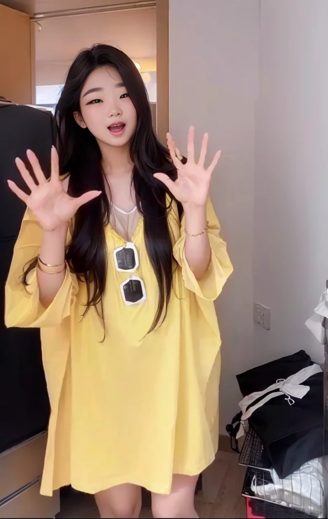 Araffe woman in yellow shirt making funny expression with hands, With yellow cloth, Wearing wheat yellow gauze, V-neck dress, clothing in the colors Yellow, Lady in dress, Ulzan, Wearing long, flowing clothes, 2020 fashion, Bae Suzy, 🐿🍸🍋, Full body fairy, Cheng Man Kit,Beauty,Sexy,Clothes unchanged,