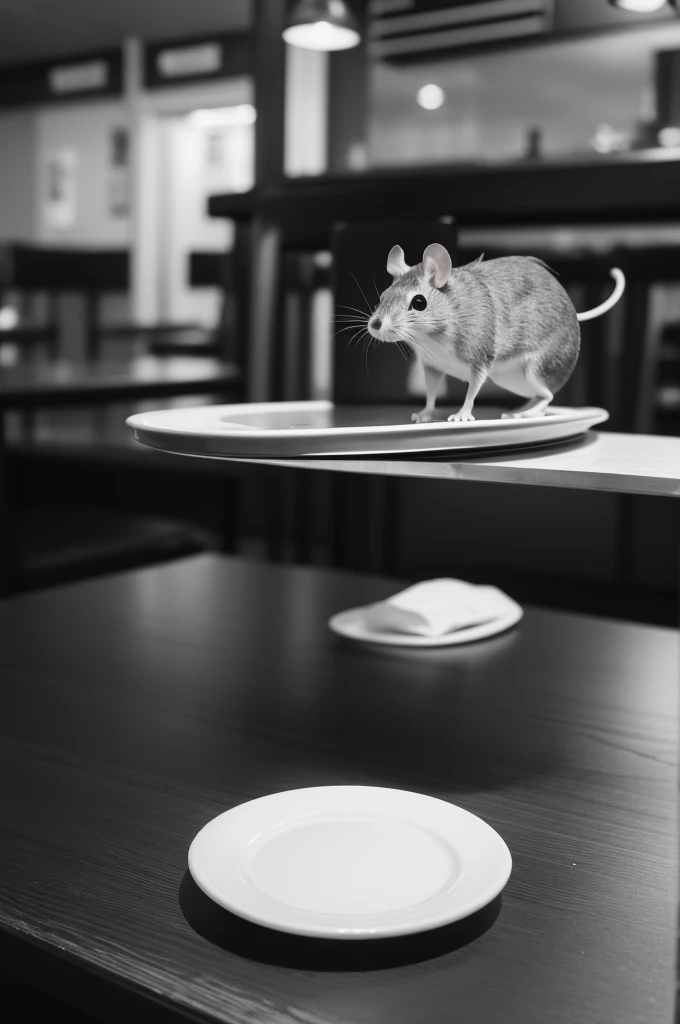 Very realistic black and white image of a mouse on a restaurant table
