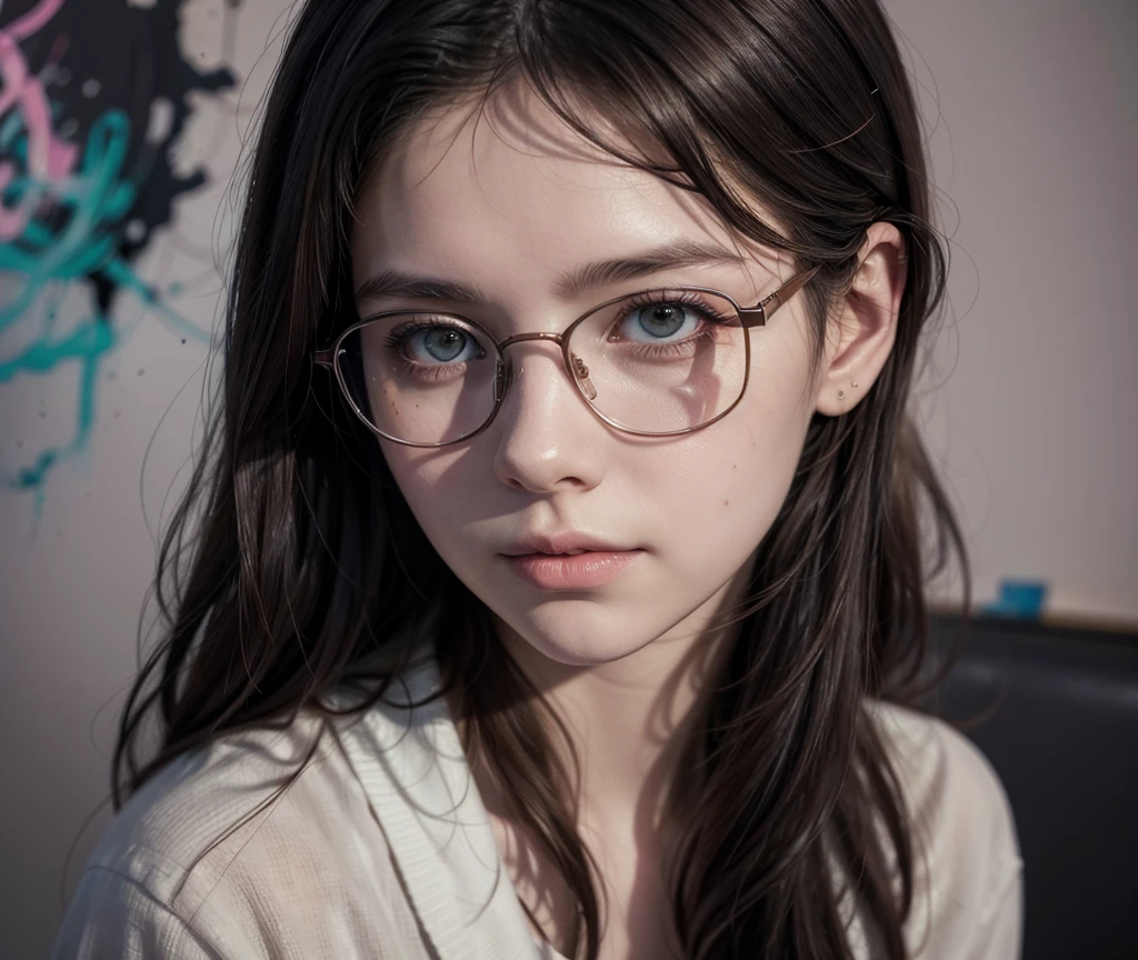 a painting by mse a woman wearing glasses by agnes cecile, luminous design, pastel colours, ink drips, autumn lights