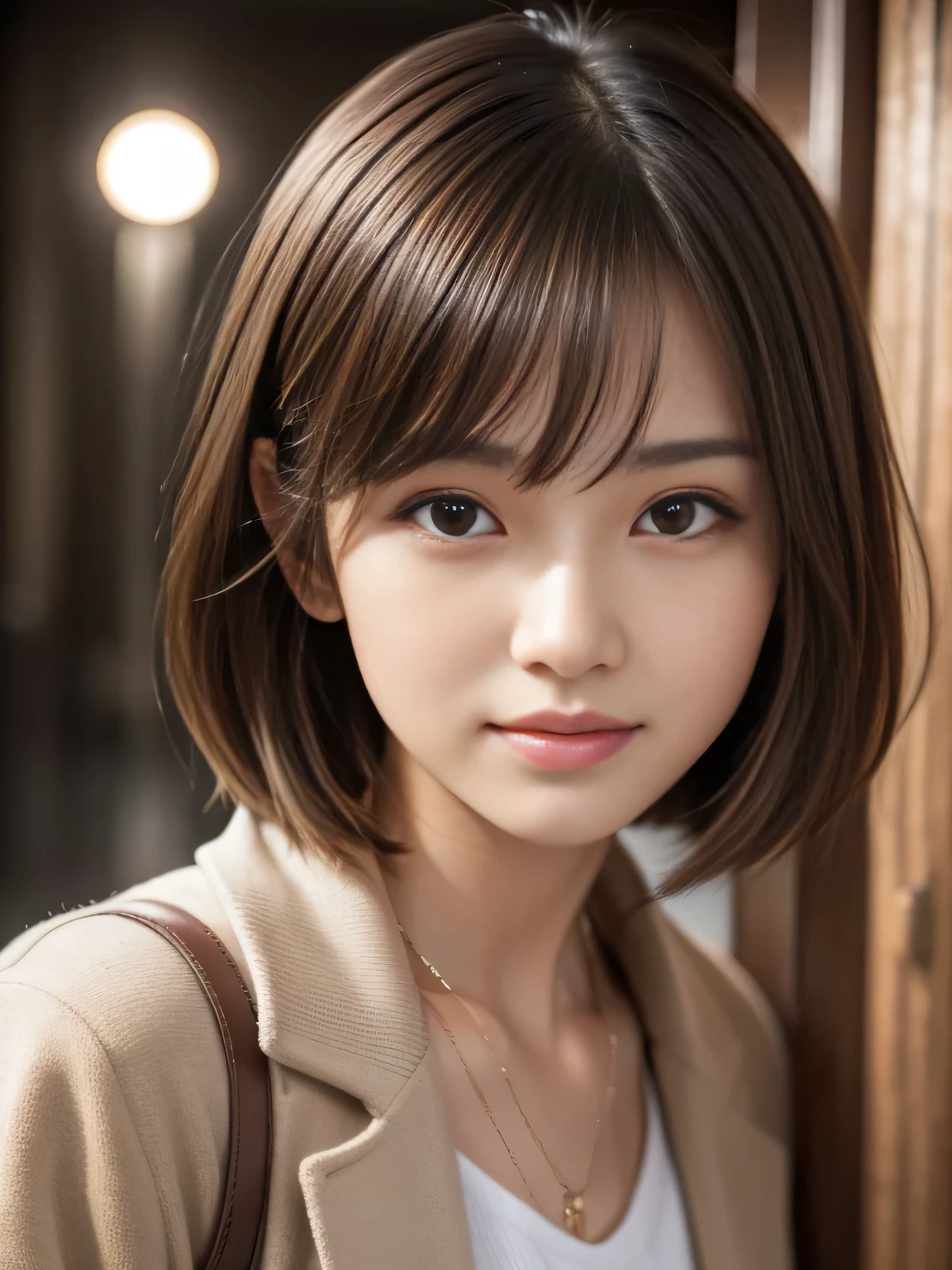 masterpiece, best quality, ultra-detailed, intricately detailed hyperdetailed, realistic, sharp features, highly detailed, sharp focus, 15 years old, (Japanese idol), perfect face, perfect symmetrically perfect eyes, perfect full lips, flexible female form, film light, hyper detailed, hyper realistic, high resolution, vibrant, dynamic studio lighting, short hair, Brown Hair, Shoulder Length Layered, asymmetrical bangs, brown Eyes, (Impish Smile:1.2),  cowboy shot,
