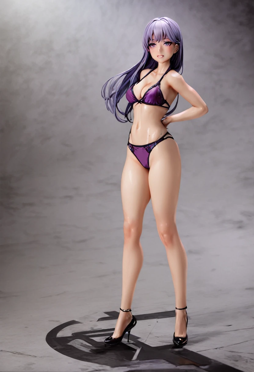 1girl, 18 year old girl, parted lips, blush, light smile, purple hair, purple underware, purple eye, bare shoulders, cleavage, (masterpiece:1.2), purple bikini, dynamic lighting, high resolution, ultra-detailed, realistic, shiny skin, sensual, feminine, athletic, self confident look, stands in cyberpunk city, purple clothing, full body