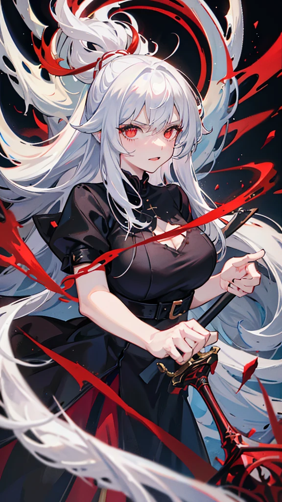 An adult woman half fox and wolf, wide breasts, red eyes, white hair, very angry, in a black little open dress, holding a sword