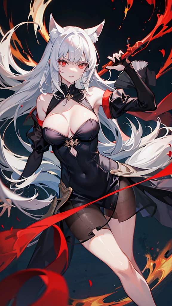 An adult woman half fox and wolf, wide breasts, red eyes, white hair, very angry, in a black little open dress, holding a sword