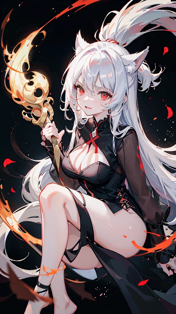 An adult woman half fox and wolf, wide breasts, red eyes, white hair, very angry, in a black little open dress, holding a sword