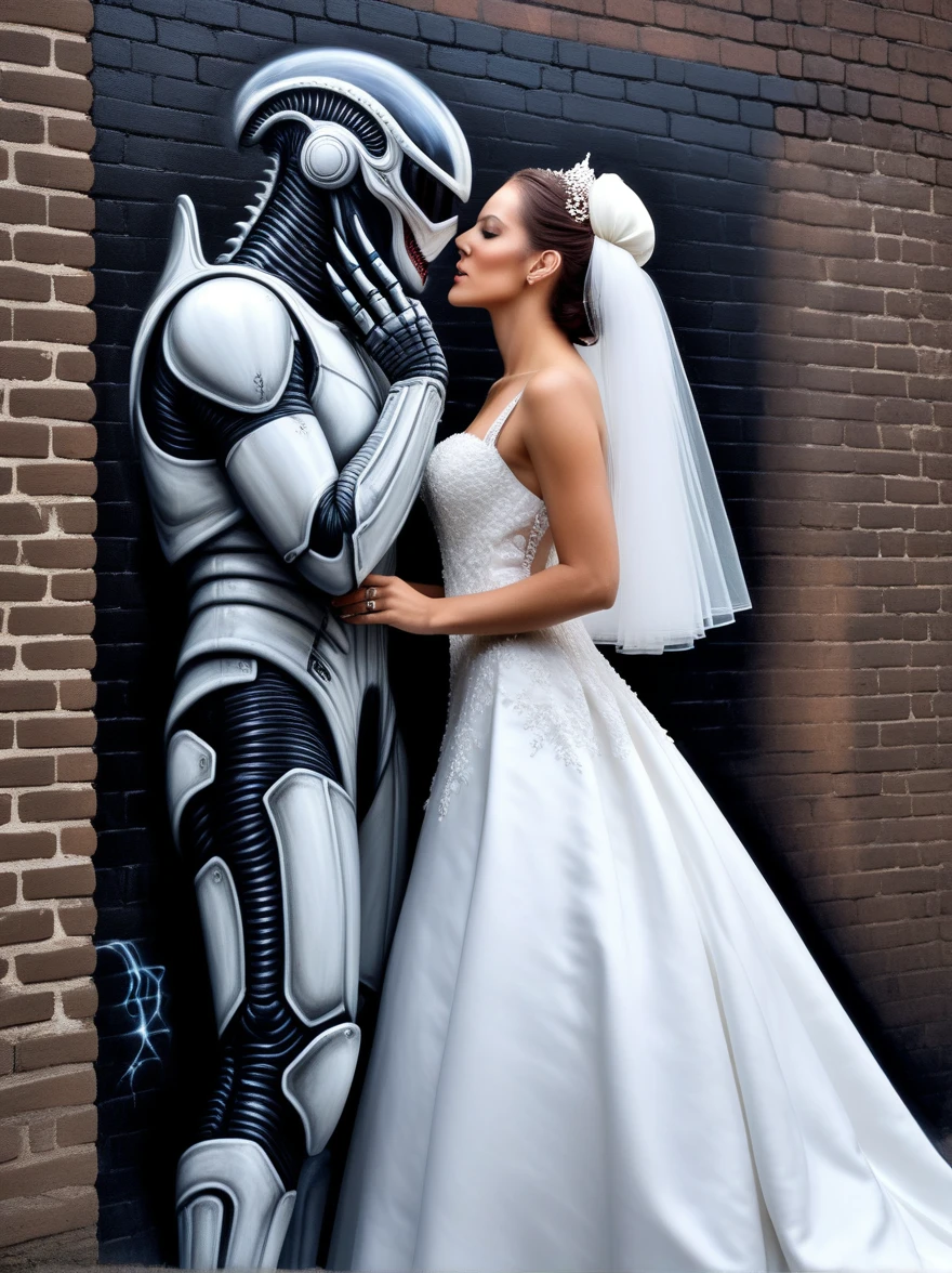 ((masterpiece), (best quality), (supernatural), bright graffiti on a brick wall depicting the philosophy of insane attraction and a kiss full of passion of a bride's girl in a wedding dress to a xenomorph alien, photorealism, HD, hyperrealism,