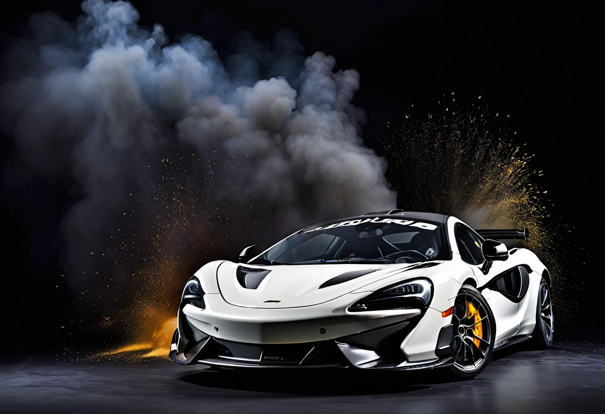 McLAREN 570S GT4, black backdrop, paint exploding in the background