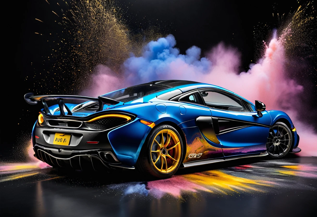 McLAREN 570S GT4, black backdrop, paint exploding in the background